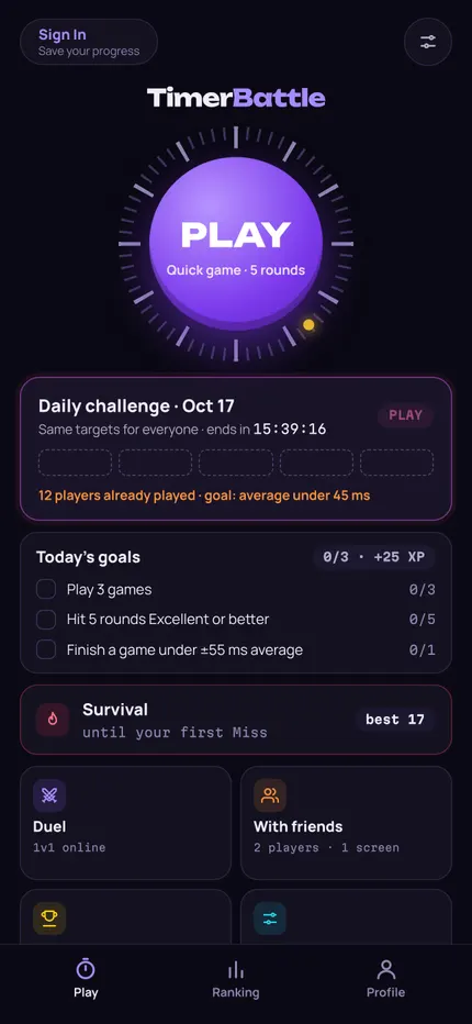 TimerBattle home screen with the daily timer challenge