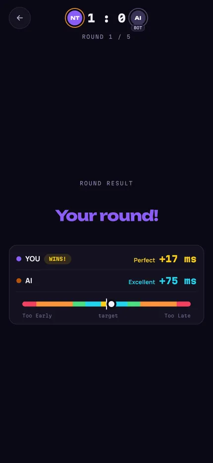 Result of a 1v1 duel round: Perfect +17 ms against Excellent +75 ms
